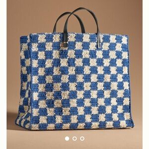 Clare V summer tote in blue and white.